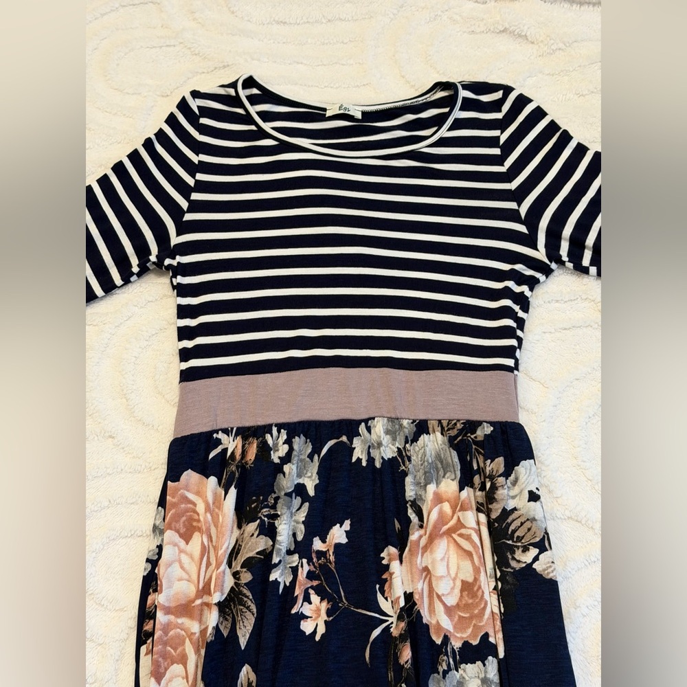 Women’s Égs Striped & Floral Midi Dress, Size S, EUC, Feminine Spring Summer